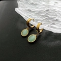 Elegant gold drop earrings with oval pale green gemstone on rippled glass surface - Light Green Style (Titanium#252)