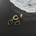 Elegant gold drop earrings featuring emerald green oval gemstones on a black background - Dark Green Style (Titanium#253)
