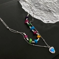 Multilayer titanium steel necklace featuring colorful beads and blue aurora heart pendant - Heart Double Layer Necklace (03-H10)