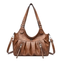 Bolso tote vintage marrón con diseño plisado y detalles de cremalleras decorativas - Marrón