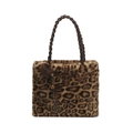 Fashionable leopard print faux fur tote bag with brown woven handle and fuzzy pom pom charm - With Pendant / Brown