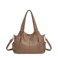 Brown textured leather tote bag with dual metal zippers and adjustable shoulder strap - Khaki