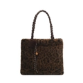 Faux fur leopard print tote bag featuring a woven handle and brown pom-pom charm - With Pendant / Brown