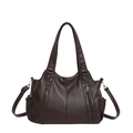 Large capacity dark brown faux leather tote bag with silver hardware and shoulder strap - Brown