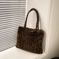Stylish plush leopard print tote bag with brown woven handles for women's winter fashion - Coffee without Pendant