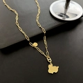 Golden paperclip chain necklace with a textured rabbit pendant and letter U charm - Gold Plated Grid Rabbit and Letter U Disc (01-A19)