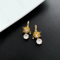 Golden sunflower earrings with yellow enamel, green leaves and sparkling cubic zirconia - Sunflower Floral Ear Buckles (1-6#25)