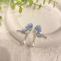 Elegant butterfly drop earrings with blue crystal wings and white waterdrop pearls - Butterfly Wing Earrings (2-1#25)