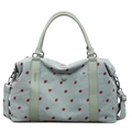 Mint green corduroy travel bag with strawberry print and durable leather handles - Green