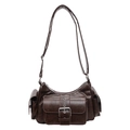 Bolso bandolera retro marrón oscuro con textura de cuero vintage y gran hebilla plateada - Marrón