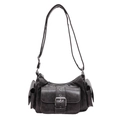 Bolso bandolera retro gris oscuro con múltiples bolsillos y hebillas metálicas plateadas - Negro