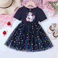 Detail of navy blue girls dress with unicorn print and colorful sequined mesh tutu skirt - 90cm / Navy Blue
