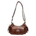 Bolso de hombro vintage marrón en piel sintética brillante con hebilla y varios bolsillos - Marrón