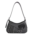 Retro grey canvas and black leather shoulder bag in a crescent moon shape - Black