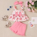 Flat lay of baby girl summer outfit featuring rose print tank top and matching bow headband - 6-9M / Pink