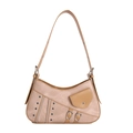Retro hobo shoulder bag in beige and brown patchwork with metal eyelets and front pocket - Khaki