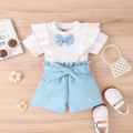 Ensemble été fille avec haut à manches volantées blanc et short bleu à nœud - Bleu / 80cm