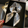 Elegant navy paisley silk scarf on cream base, folded on a luxury display tray - 70*70cm / Beige (FJ917-1)