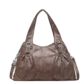 Deep brown faux leather tote bag with dual front zippers and detachable shoulder strap - Camel