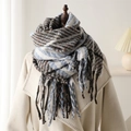 Detailed view of plaid scarf with blue and gray knit textures and thick fringe tassels - 210x60cm (Including Tassels) / Blue (WT149-2)