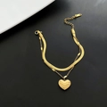 Double-layer gold stainless steel bracelet with snake chain and heart Love You charm - Titanium Steel / Double Layer Heart Bracelet (Gold)