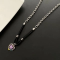 Black leather rope necklace with purple enamel heart pendant and multi-color gems - Purple Heart Leather Spliced Necklace (05-B14)