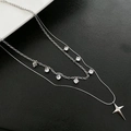 Silver double-layer necklace featuring a minimalist four-pointed star pendant and white zircons - Silver Double Layer Starburst Style (01-E18)