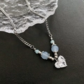 Exquisite Silberkette mit hellblauen Perlen und doppelten herzförmigen Zirkoniasteinen - Blaue Herz Zirkonia Halskette (1-7#1)