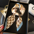 Elegant chain print faux silk square scarf with vintage equestrian pattern on display - 70x70cm / White Blue (FJ908-2)