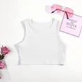 White ribbed cotton crop top for girls with a round neck and sleeveless design - White