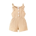 Apricot ribbed baby girl romper featuring shoulder bows and button detail in size 6-12M - 6-12M / Dresses / Khaki