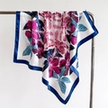 Elegant white satin floral silk scarf with pink hibiscus prints and navy blue border - 90x90cm / Purple (FT259-4)