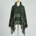 Mantella con cappuccio da donna verde scuro con motivo a spina di pesce e frange - Verde Scuro