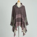 Poncho à capuche pour femme avec motif à carreaux et chevrons et bordures à franges - Violet
