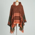 Poncho à capuche pour femme motif chevrons, châle en maille orange et noir avec franges - Rouge Orangé