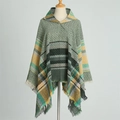 Women's hooded poncho scarf with geometric check patterns and elegant fringe tassels - 135cm / Green