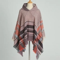 Poncho con cappuccio da donna motivo a quadri con frange e caldo tessuto a maglia - 135cm / Taro