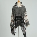 Detail of hooded plaid poncho featuring grey pink check pattern and soft tassel edges - 135cm / Black