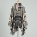 Close-up of the hooded plaid shawl featuring soft pink and grey herringbone knit texture - 135cm / Gray