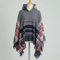 Detail of hooded plaid poncho with blue, red, and white herringbone pattern and tassels - 135cm / Navy Blue