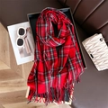 Detailed view of red plaid cashmere scarf with soft tassels in a stylish winter setting - 200x68cm (Including Tassels) / Red