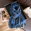 Classic blue plaid cashmere feel scarf with long tassels and stylish checkered pattern - 200x68cm (Including Tassels) / Blue