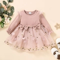 Langärmliges rosa Tüllkleid für Baby-Mädchen mit Blumenstickerei und Schleifen-Details - Rosa Langarm / 80cm