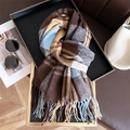 Sciarpa classica in cashmere a quadri arcobaleno con frange in un set di moda di lusso - 208x61cm (Incluse Frange) / Blu Marrone (WT167-3)