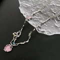 Detail der silbernen Herz-Halskette mit rosa Glitzeranhänger und bunten Edelsteinen - Titanstahlkette / Legierungsanhänger / Herz-Anhänger Halskette (02-G3)
