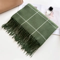Deep green plaid faux cashmere scarf with long fringe displayed on a cozy beige background - 200x68cm (Including Tassels) / Green