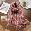Pink and beige checkered cashmere-feel scarf with long fringe on dark wooden table - Red (WT143-1) / 200cmX70cm