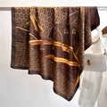 Detailed view of silk square scarf with chain patterns and luxury letter monogram print - 90x90cm / Brown