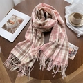 Pink and white checkered cashmere-like scarf with fringe on a wooden table - Pink (WT143-3) / 200cmX70cm
