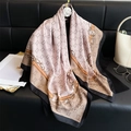 Elegant silk scarf with pink and black chain print and white camellia brooch - Pink